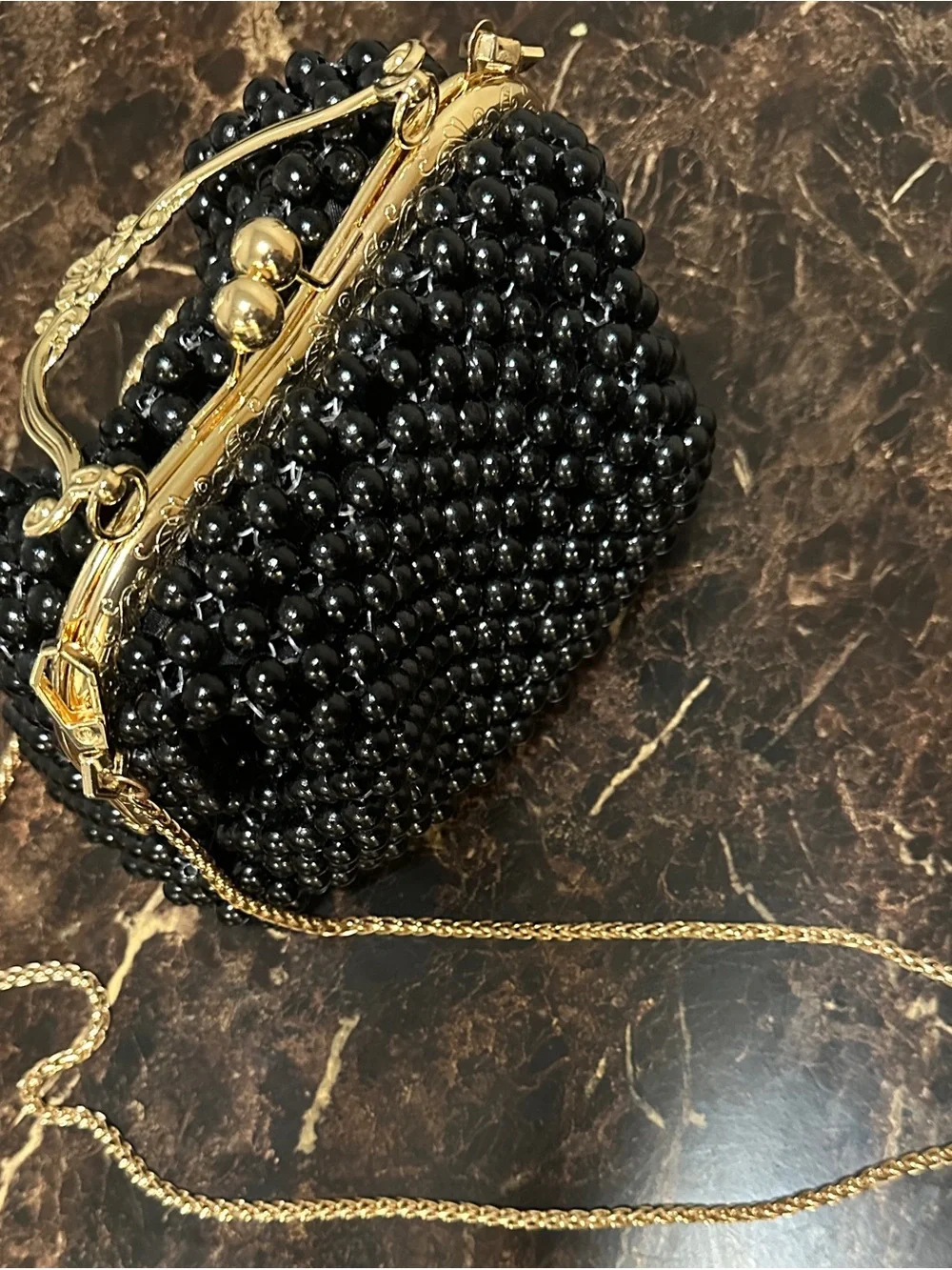 Gold-Trim Black Beaded Evening Clutch with Chain Strap